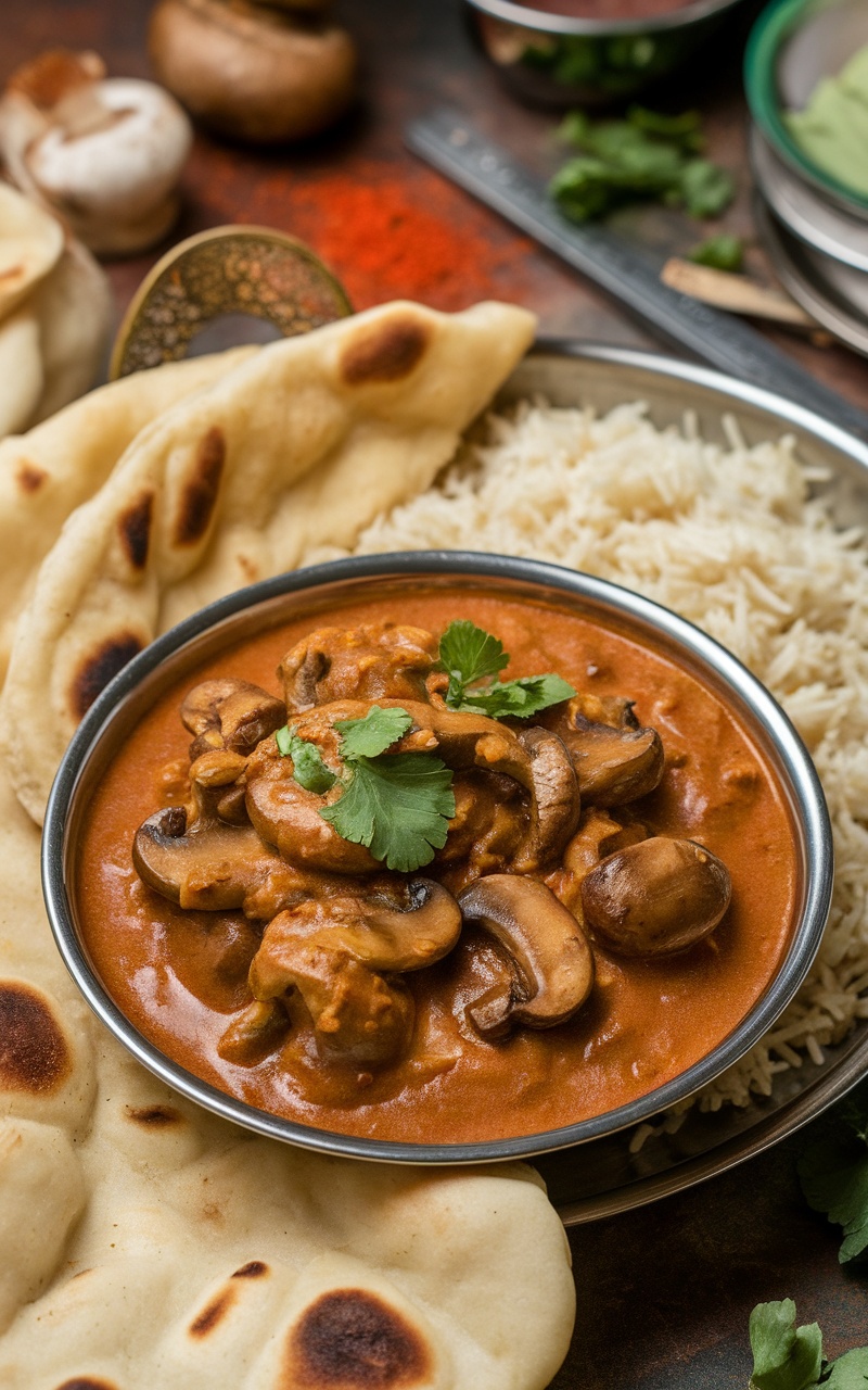 A bowl of creamy mushroom masala garnished with coriander, served with naan and rice, surrounded by spices.